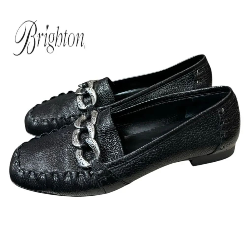 Brighton Klee Women's Black Pebbled Leather Slip-on Silver Chain Loafers 8